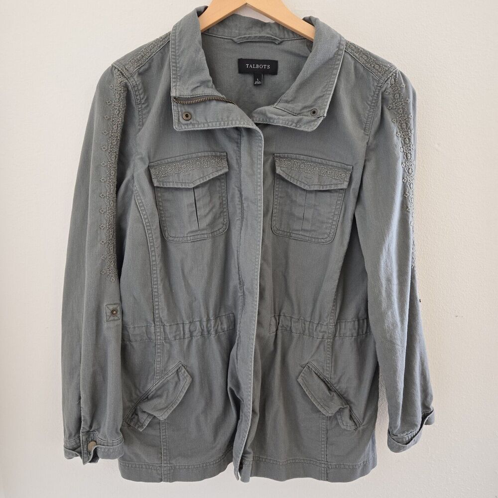 TALBOTS Jacket sz Lg Roll Tab Safari Utility Cinch Waist Zip Olive Green